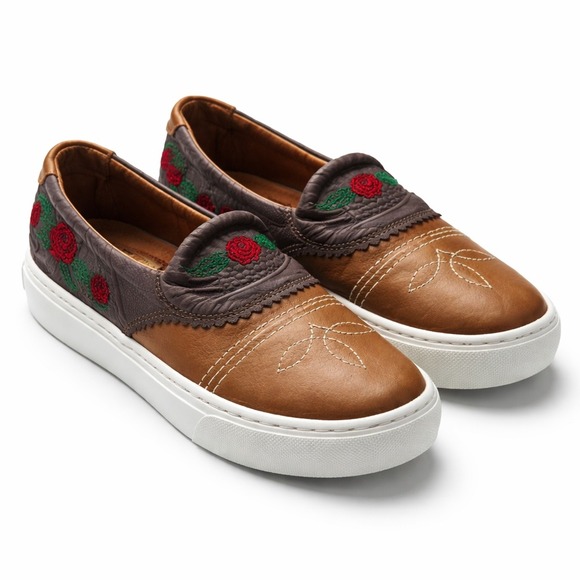 Botas Leon Shoes - Botas Leon Brown Leather Floral Embroidered Western Slip On Sneakers Womens 24.5